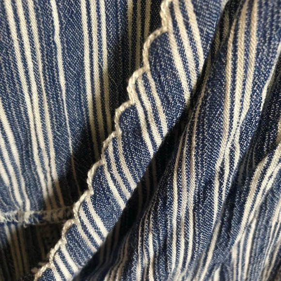 5/$25 
Anthropologie Red Carter Romper BlueWhite Faux Wrap Linen Blend Spaghetti - Picture 7 of 8